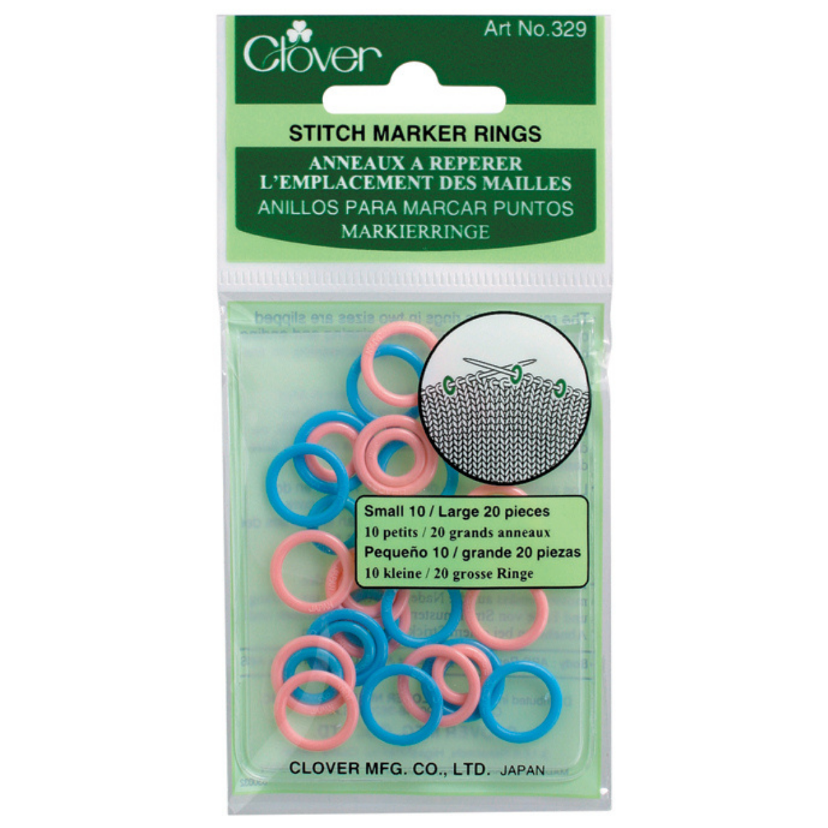 Clover brand Stitch Marker Rings in a clear plastic hanging package with a green header card. The rings are small in size, shown in pink, blue, and white, with a circular diagram on the packaging illustrating their use.