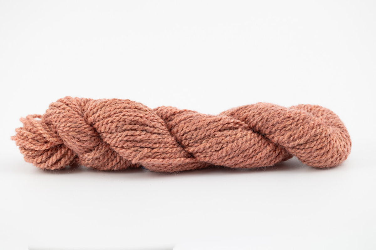A skein of teeswater and muga silk dyed with madder to a light coral color.