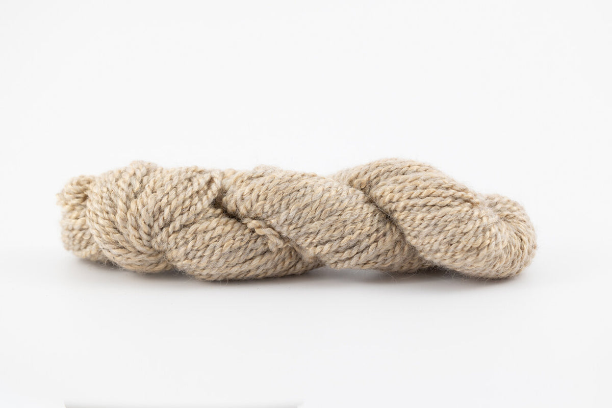 An undyed skein of teeswater and muga silk. It is a lovely cream color with gold flecks.