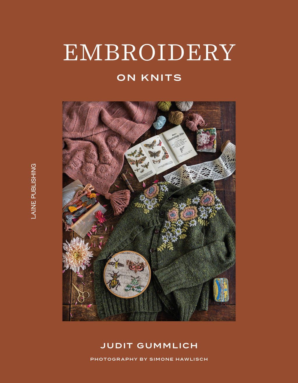 Book cover of 'Embroidery on Knits' with text and images of embroidered knits and materials.
