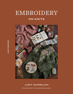 Book cover of 'Embroidery on Knits' with text and images of embroidered knits and materials.