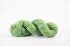 A skein of shaniko wool naturally dyed with indigo and marigold to a green color.