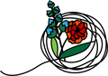A stylized floral graphic on a black background, featuring a red and orange flower with green leaves and blue flower buds inside a loose black scribble-like circle.