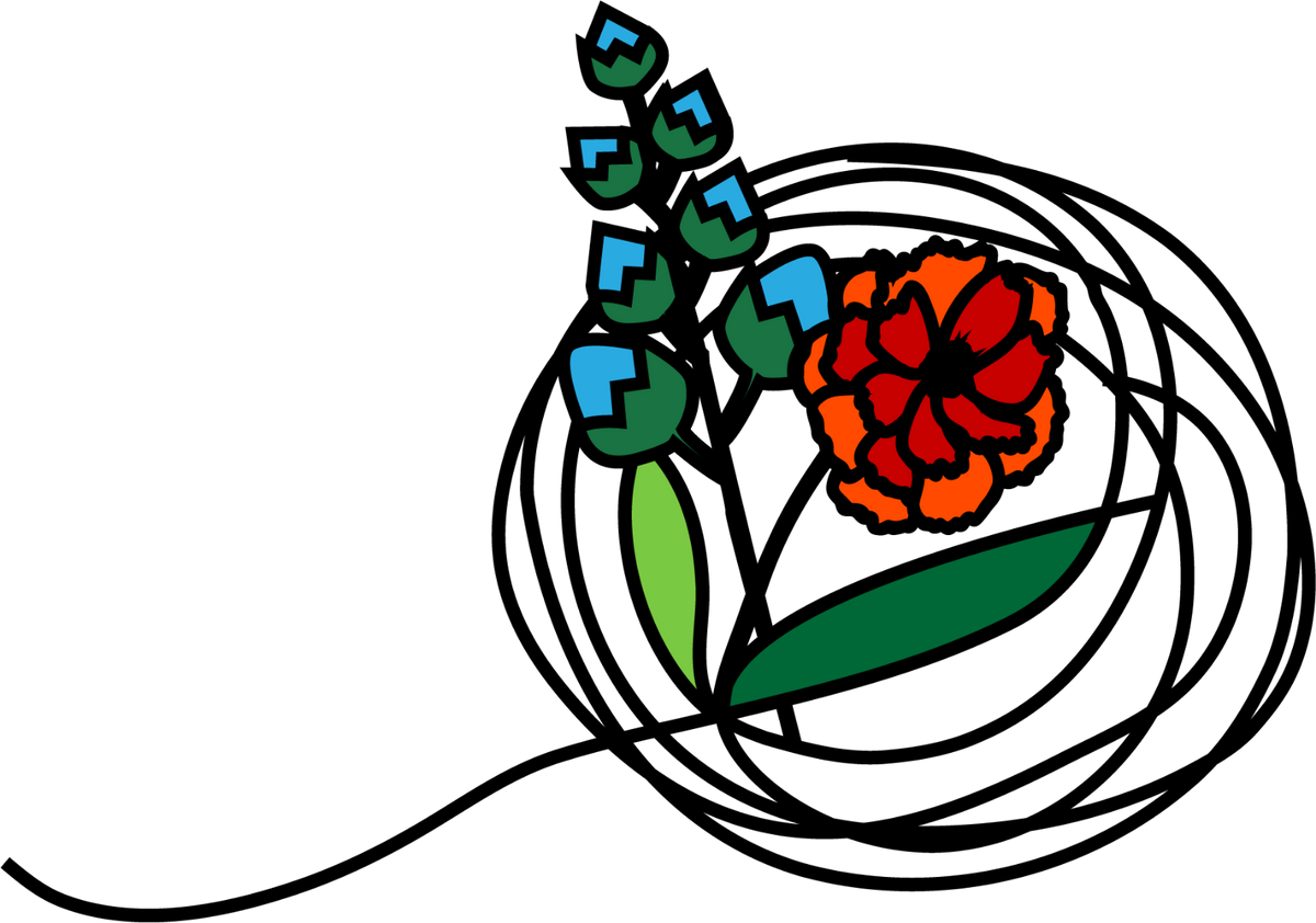 A stylized floral graphic on a black background, featuring a red and orange flower with green leaves and blue flower buds inside a loose black scribble-like circle.