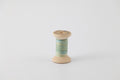 A spool of naturally dyed silk ribbon dyed with indigo and pomegranate. Multi colored with blue, green, and yellow. 