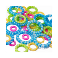 A pile stitch markers in assorted bright colors, including blue, green, pink, yellow, and orange, arranged on a plain white background.