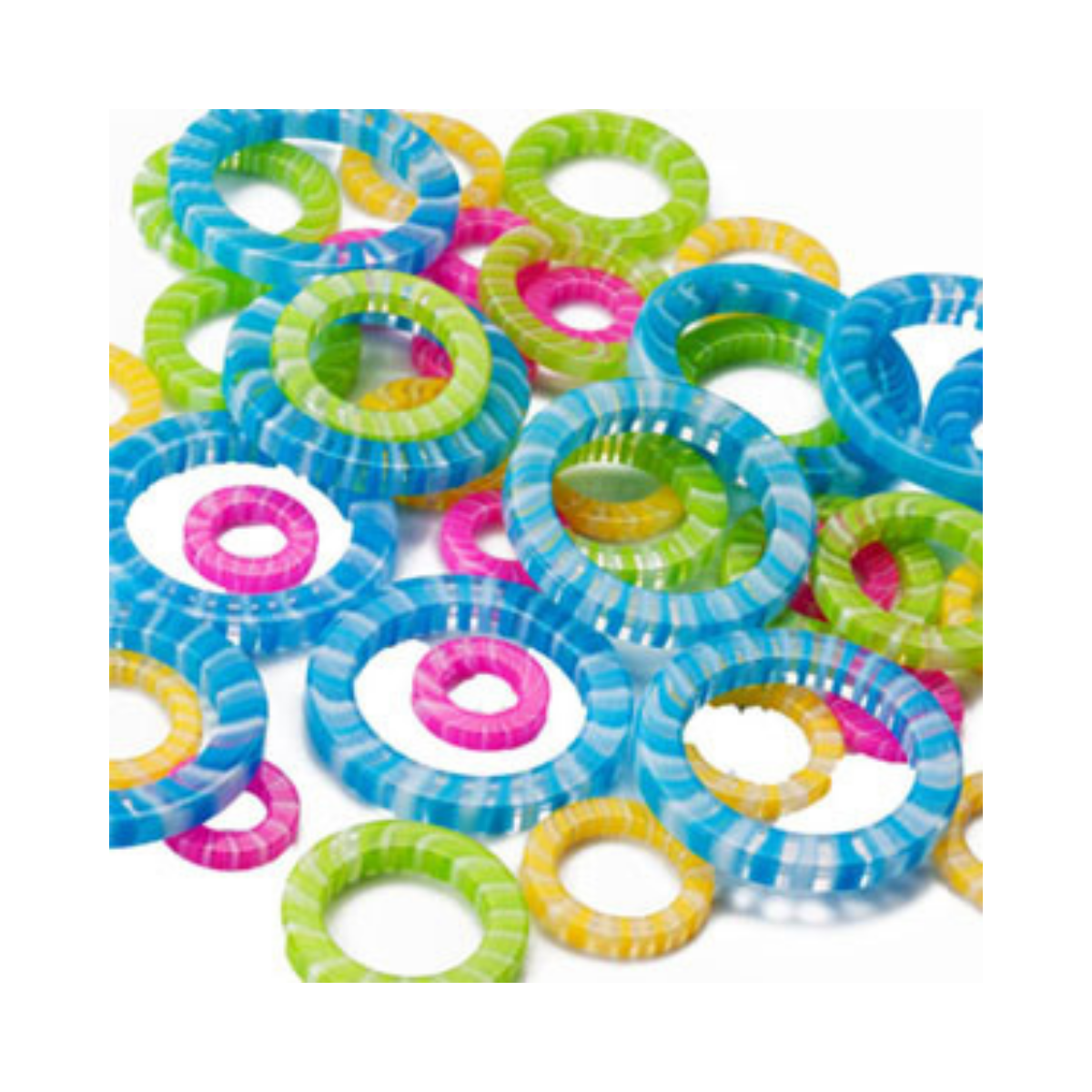 A pile stitch markers in assorted bright colors, including blue, green, pink, yellow, and orange, arranged on a plain white background.