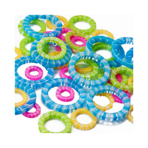 A pile stitch markers in assorted bright colors, including blue, green, pink, yellow, and orange, arranged on a plain white background.