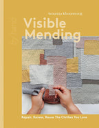 Book cover of 'Visible Mending' with a yellow background and fabric repair image.