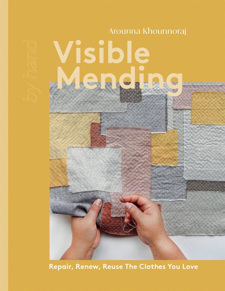 Book cover of 'Visible Mending' with a yellow background and fabric repair image.