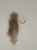 A sample of merino wool shown next to a US quarter coin for scale, on a plain off-white background.